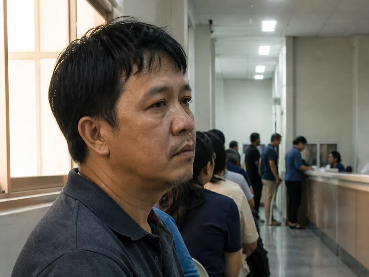 A man waits in a long queue at a complaints counter