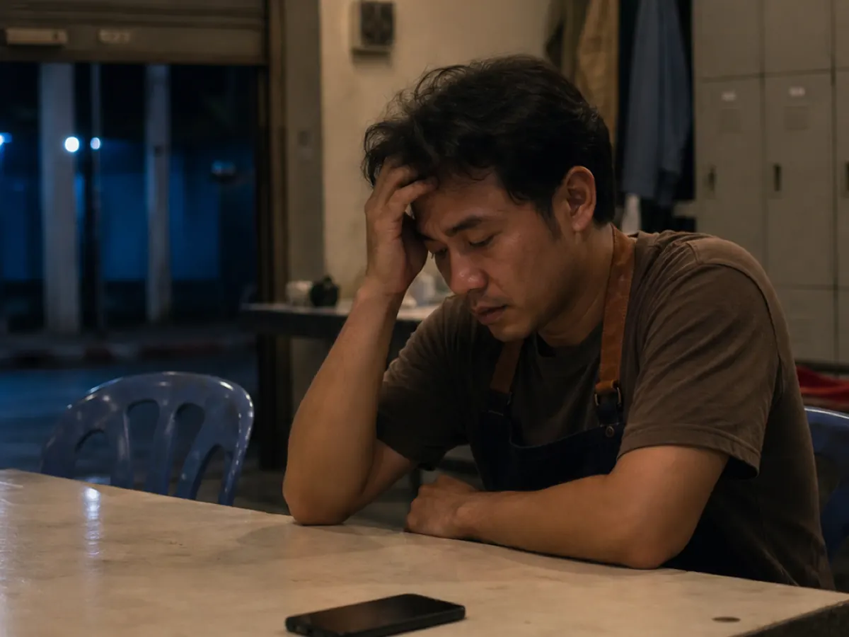 A man sits alone at a table at night with his head in his hand
