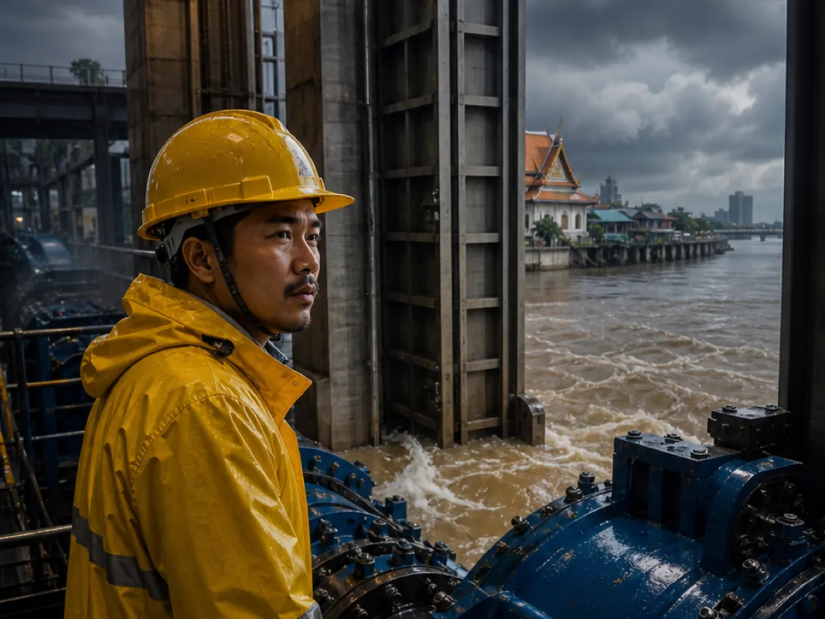An engineer in a yellow jacket at a flood gate as brown water surges through