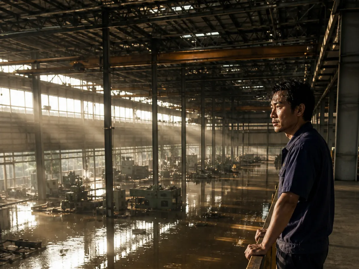A man looks out over a flooded factory floor