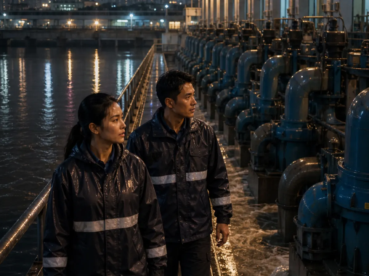 Engineers at a riverside pumping station at night