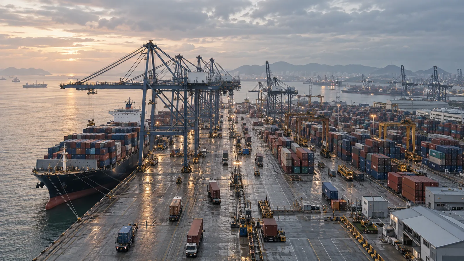 Cranes, container stacks and a docked ship at a large seaport at dusk