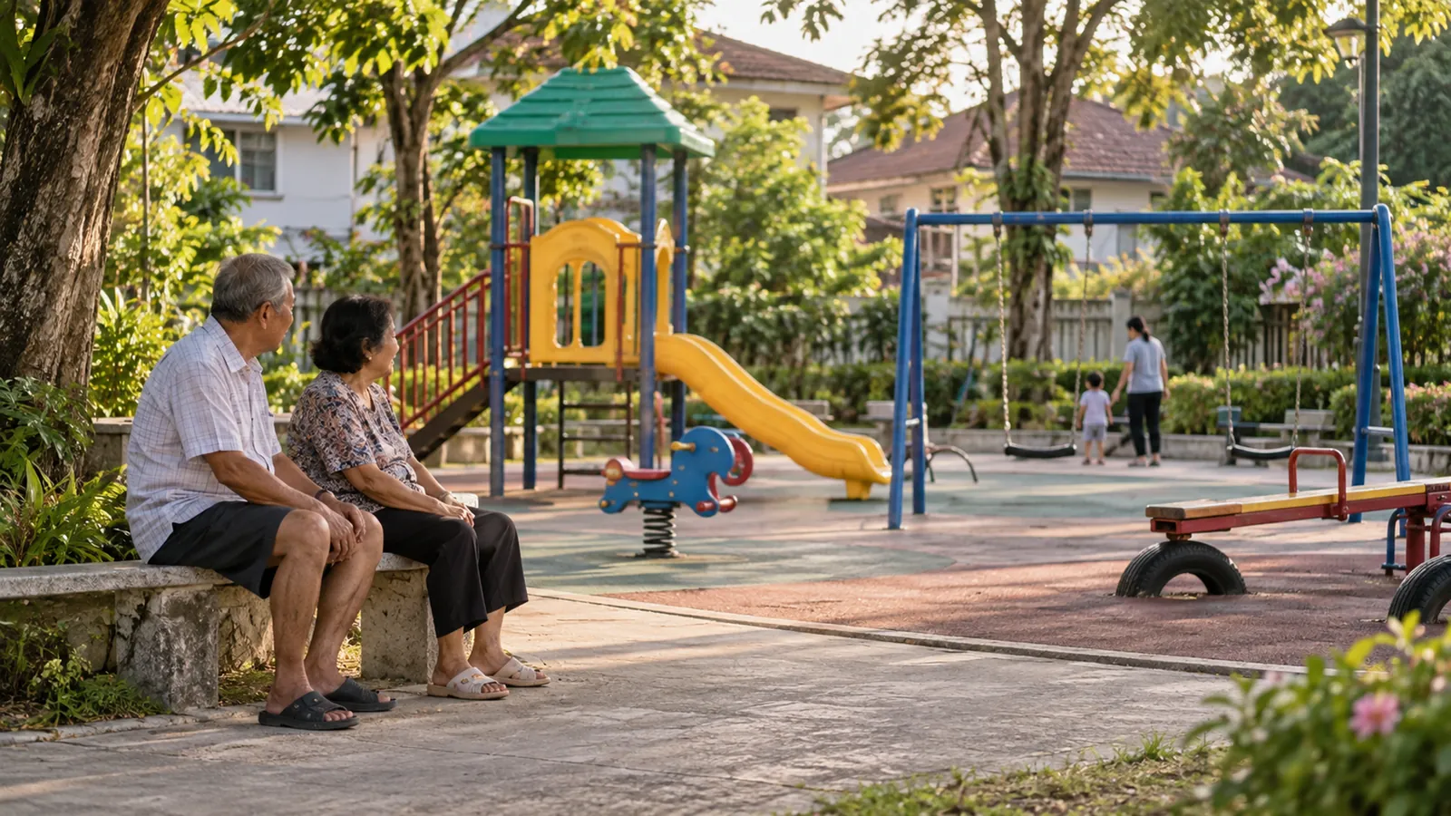 An older couple sit on a bench beside a playground where a single child plays