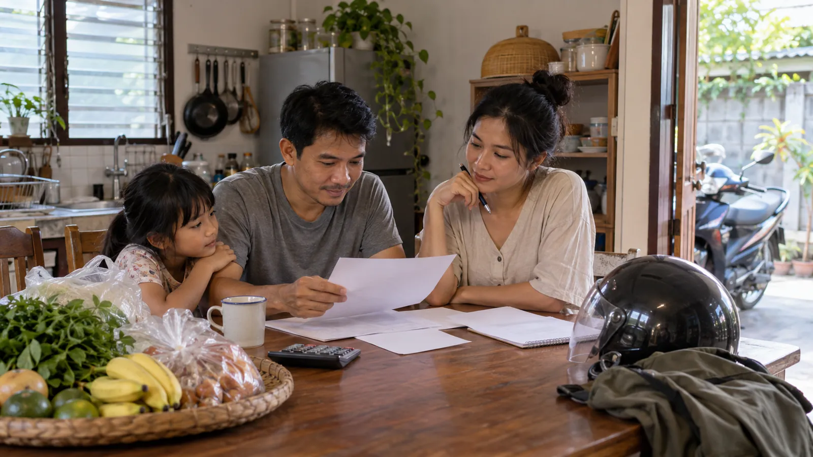 A couple go through bills at the kitchen table with their young daughter, a calculator and a bag of groceries beside them
